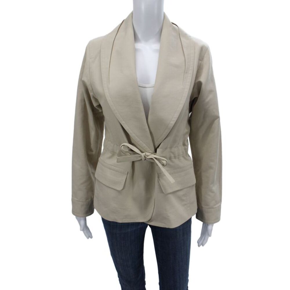 Max Mara Womens Beige Mock Neck Tie Cotton Blazer Long Sleeve Designer Size 8